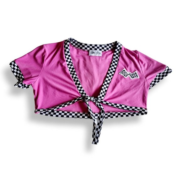 Pink and white cosplay / dress-up costume, car racing flag girl top fits AU 6-14 - Picture 2 of 6